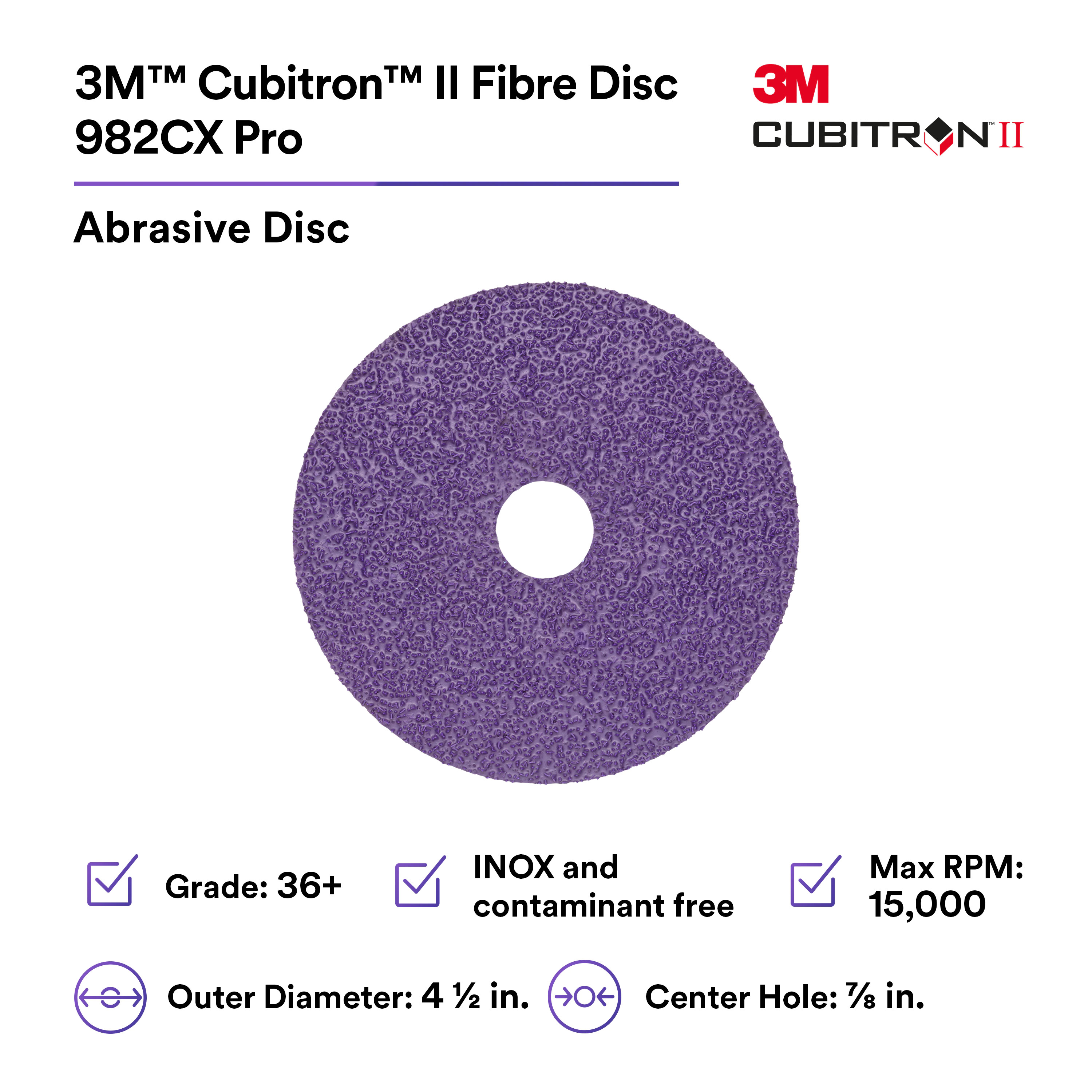 3M™ Cubitron™ II Fibre Disc 982CX Pro, 36+, 4-1/2 in x 7/8 in, Die 450E, 25 per inner, 100 per case